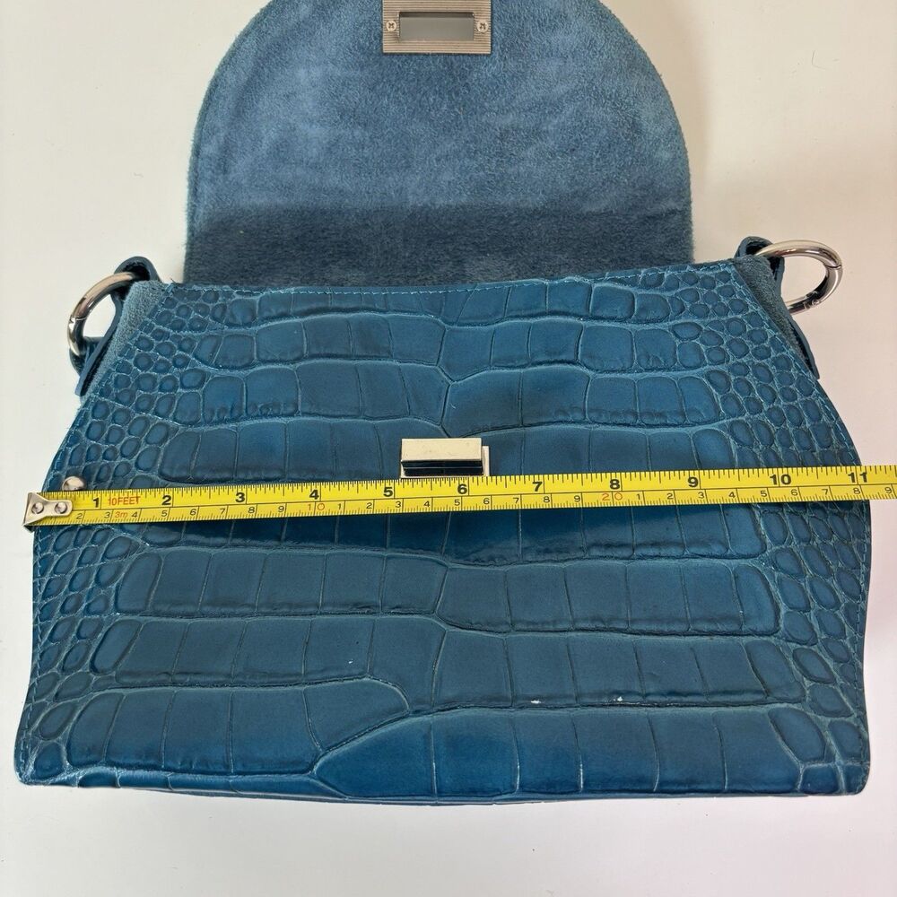 Claudia Firenze Teal Leather Croc-Embossed Handbag Rope Handle Chic Purse Italy - Picture 9 of 16